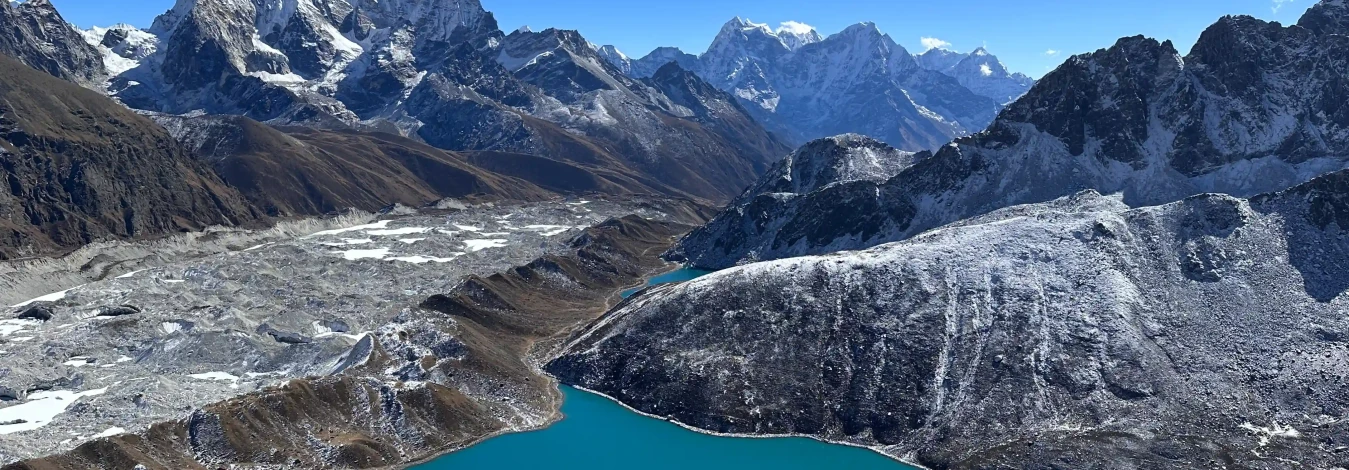 Spellbinding view of Gokyo lake with hug background of mountains during three pass trek clicked by North Nepal Trek.